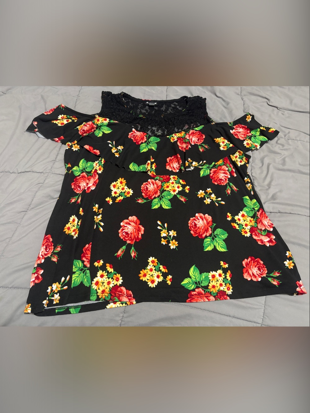 Joe Boxer Black Floral Cold-Shoulder Top with Lace Yoke